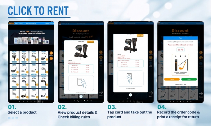 A fast and intuitive rental experience with the golf club rental vending machine. Golfers select their preferred club set on the HD touchscreen, view transparent pricing, complete secure payment, and instantly collect their clubs from an unlocked locker—ready to head straight to the course or driving range in seconds.
