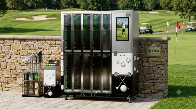 A premium golf club rental locker vending machine installed near the entrance of a golf course driving range. The machine features tall, vertical lockers designed specifically to store full-length golf clubs safely and efficiently. Each compartment is secured with industrial-grade electronic locks, highlighting strong protection for high-value equipment in a 24/7 unmanned environment. The machine exterior is fully customized with the golf club’s branding and logo, blending seamlessly with the clubhouse aesthetic. A large HD touchscreen displays rental options while also promoting golf lessons, upcoming tournaments, and partner advertisements, demonstrating how the smart locker system supports both secure golf club storage and additional digital advertising revenue